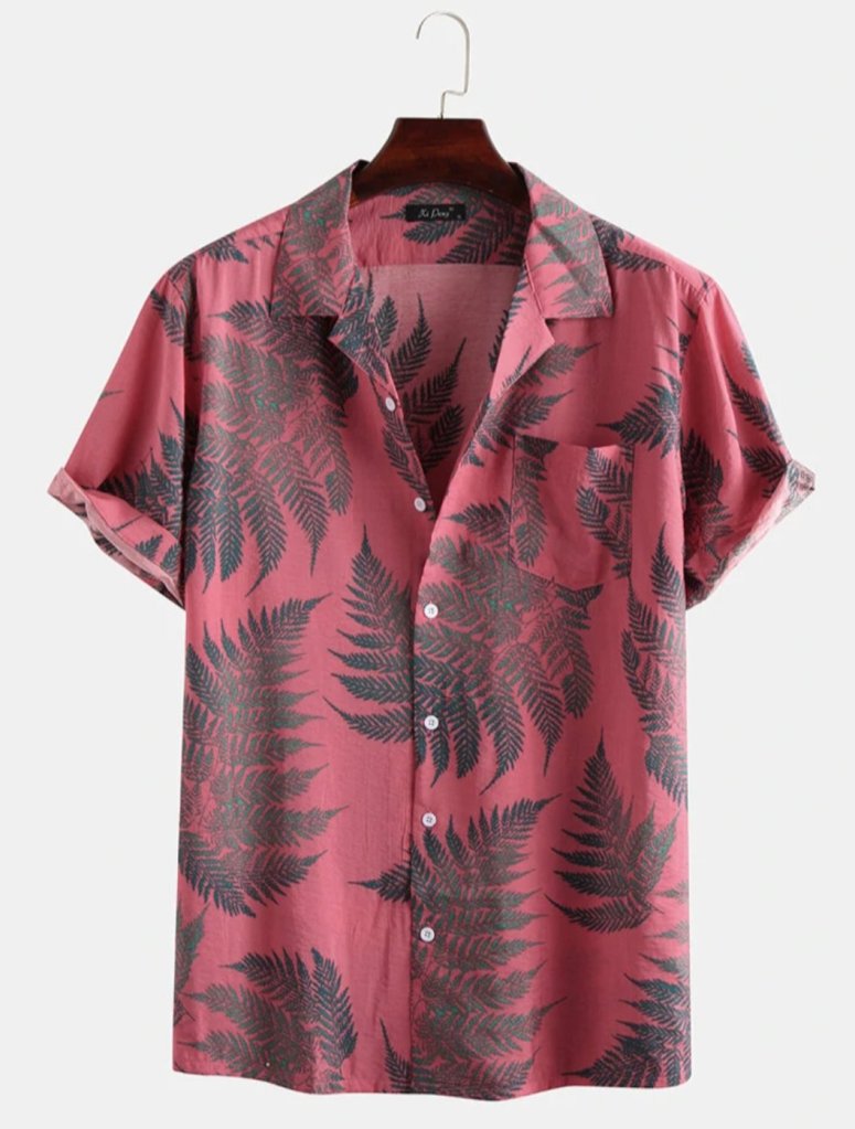 Mens 100% Cotton Leaf Printed Chest Pocket Turn Down Collar Short Sleeve Shirts