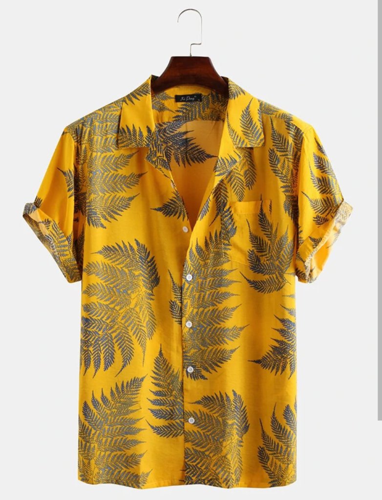Mens 100% Cotton Leaf Printed Chest Pocket Turn Down Collar Short Sleeve Shirts
